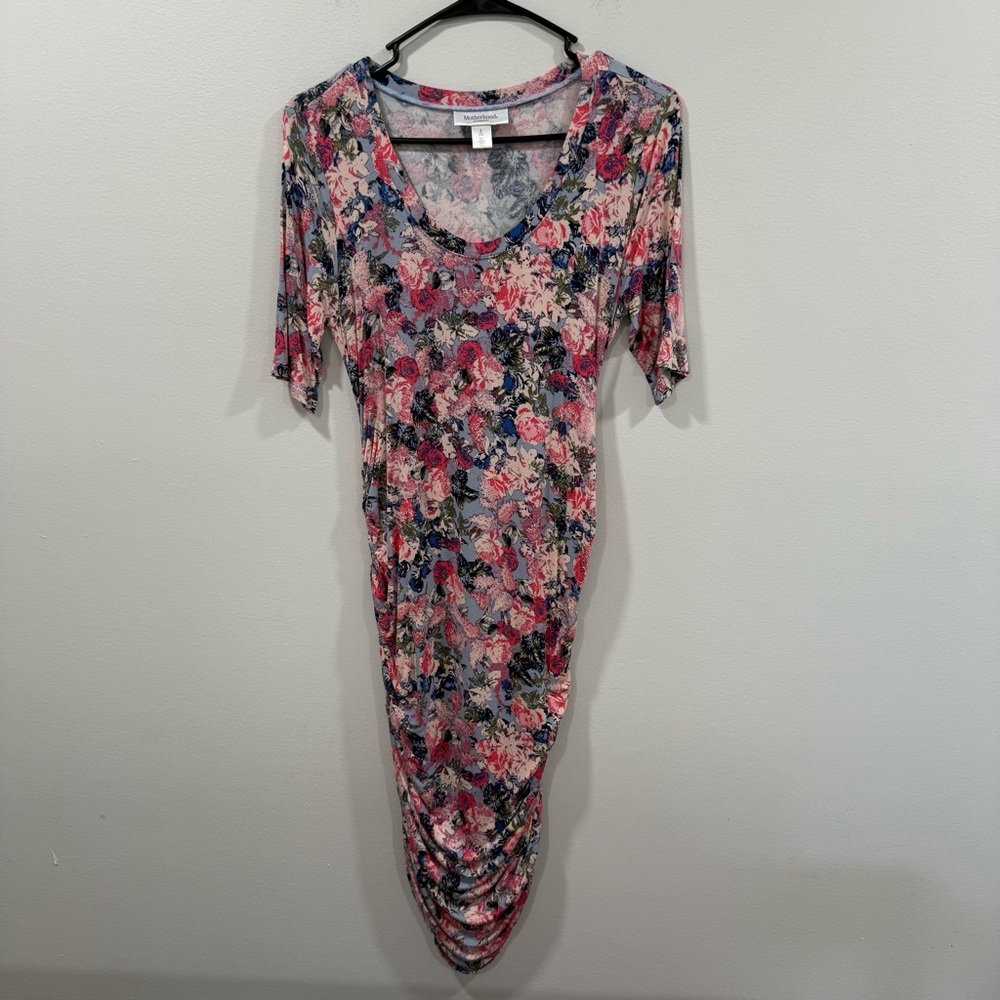 Motherhood Maternity Pink and Blue Ruched Bodycon Midi Dress Size Small EUC